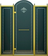 Дверь в нишу 1500x2118мм, (1475-1525)x2118, с двумя неподв. сегмент, "левая" петли слева(вход 600мм), (стек/прозр с мат/узор, 8мм, фурн/зол),Retro ZZ